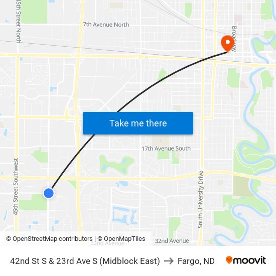 42nd St S & 23rd Ave S (Midblock East) to Fargo, ND map