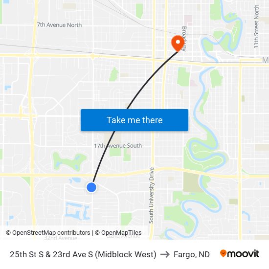 25th St S & 23rd Ave S (Midblock West) to Fargo, ND map