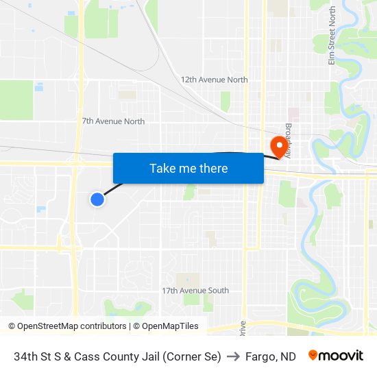 34th St S & Cass County Jail (Corner Se) to Fargo, ND map