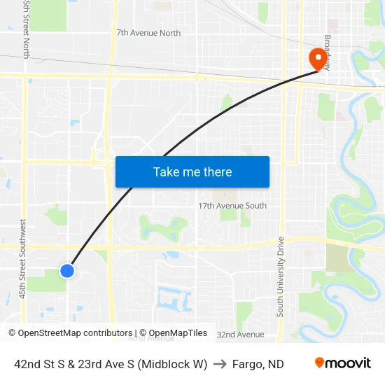 42nd St S & 23rd Ave S (Midblock W) to Fargo, ND map