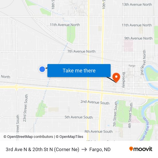 3rd Ave N & 20th St N (Corner Ne) to Fargo, ND map