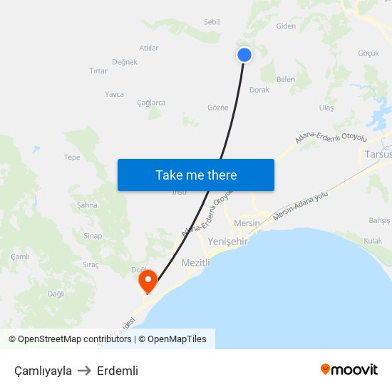 Çamlıyayla to Erdemli map