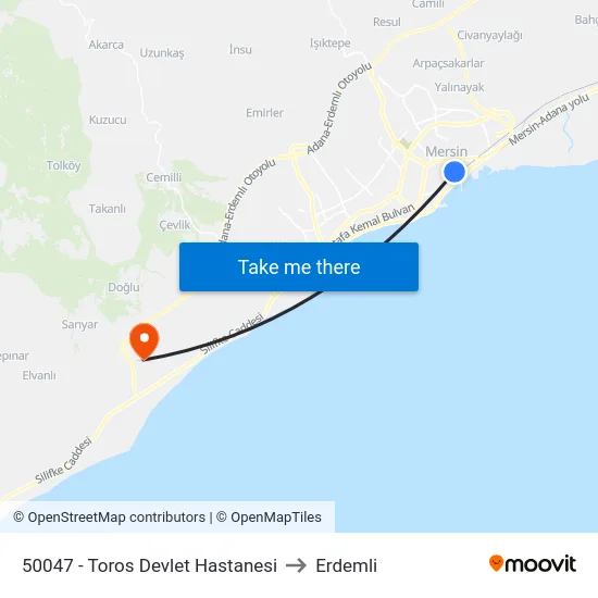 50047 - Toros Devlet Hastanesi to Erdemli map