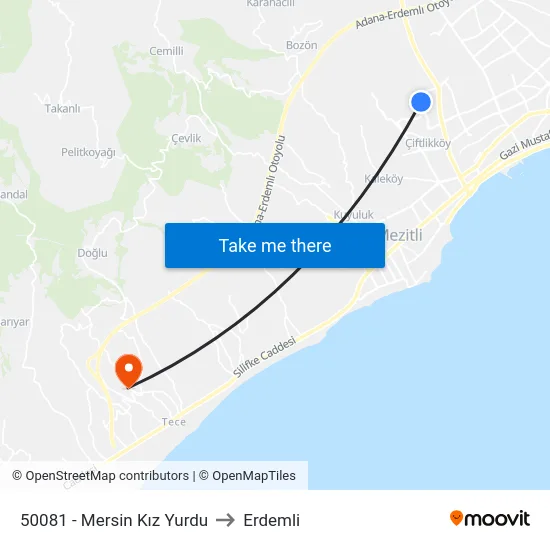50081 - Mersin Kız Yurdu to Erdemli map