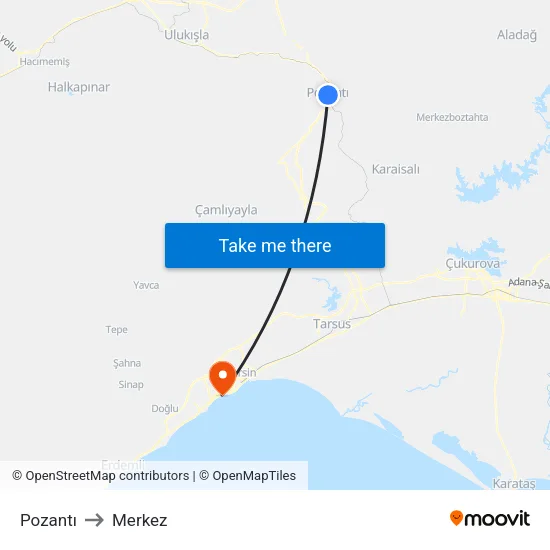 Pozantı to Merkez map