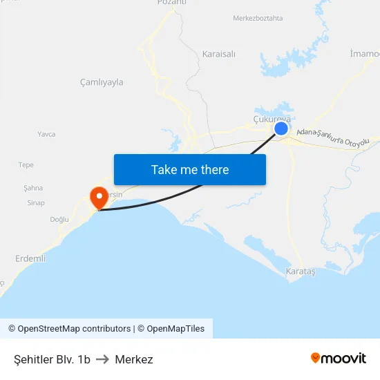 Şehitler Blv. 1b to Merkez map