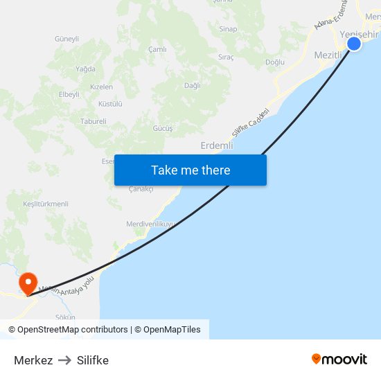Merkez to Silifke map