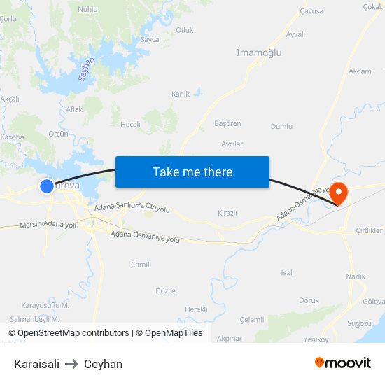 Karaisali to Ceyhan map