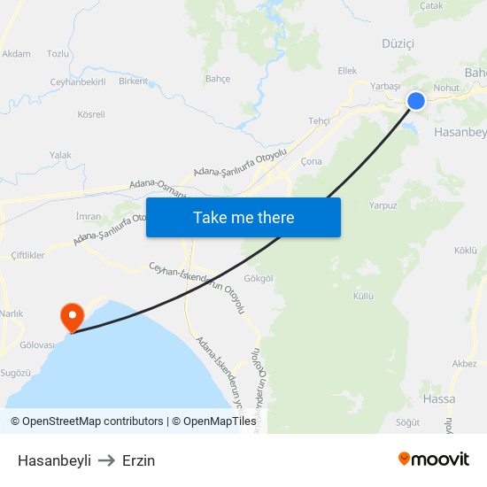 Hasanbeyli to Erzin map