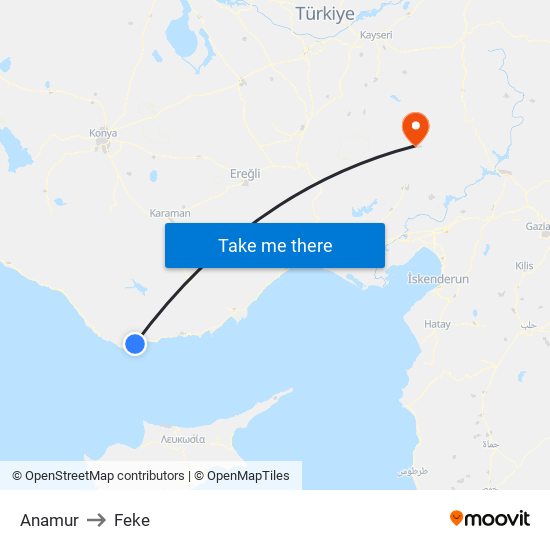 Anamur to Feke map