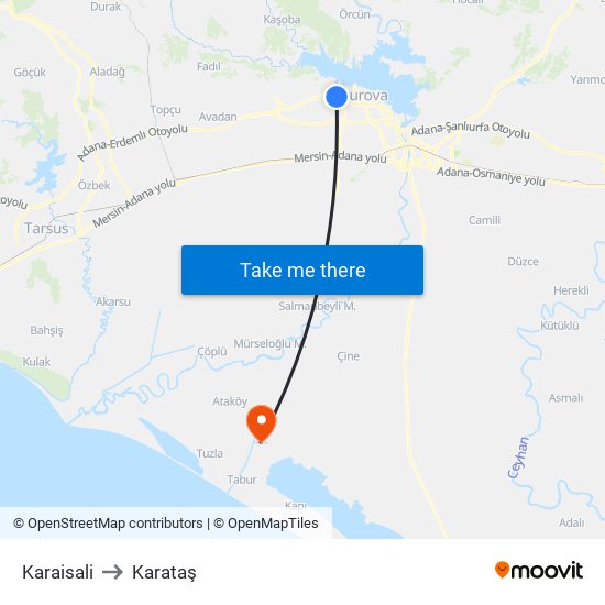 Karaisali to Karataş map