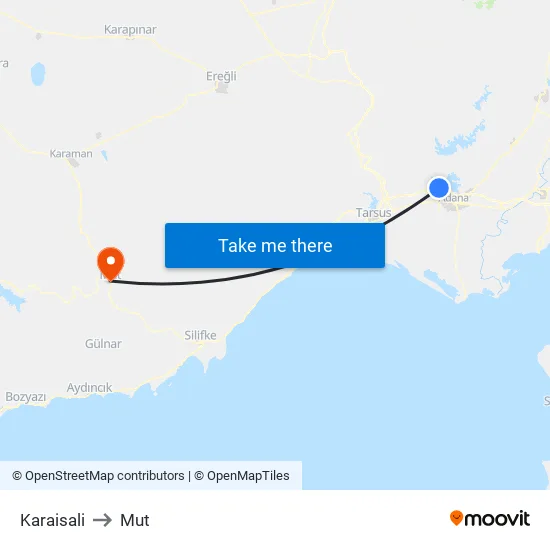 Karaisali to Mut map