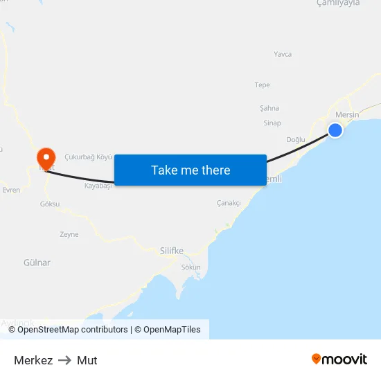 Merkez to Mut map