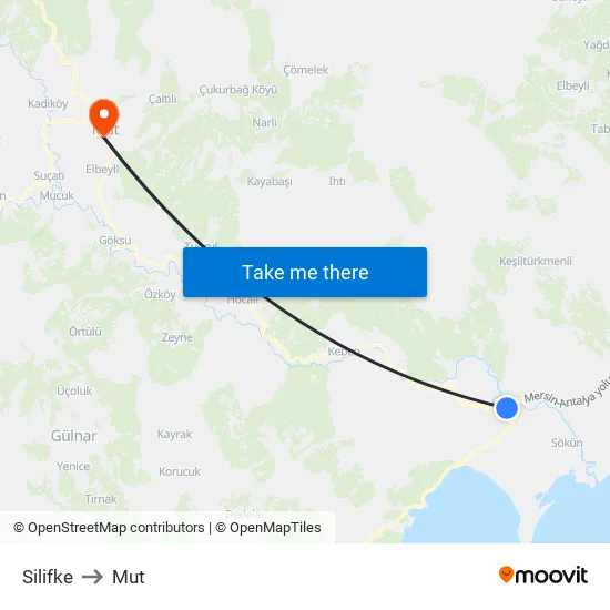 Silifke to Mut map