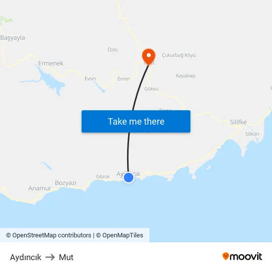 Aydıncık to Mut map