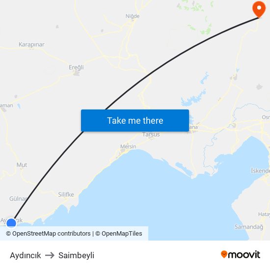 Aydıncık to Saimbeyli map