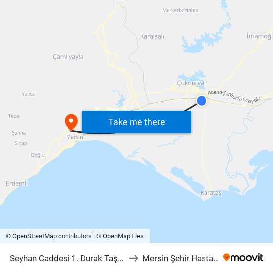 Seyhan Caddesi 1. Durak Taşköprü to Mersin Şehir Hastanesi map