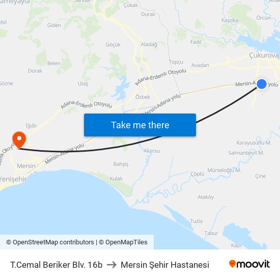 T.Cemal Beriker Blv. 16b to Mersin Şehir Hastanesi map