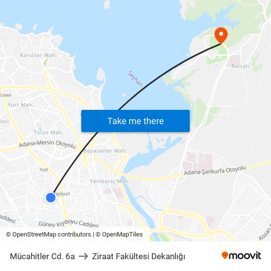 Mücahitler Cd. 6a to Ziraat Fakültesi Dekanlığı map