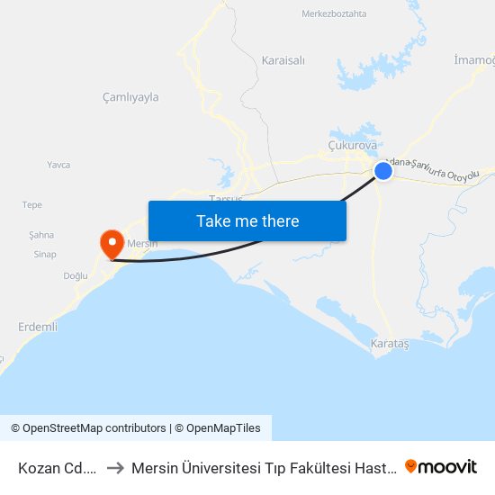 Kozan Cd. 8a to Mersin Üniversitesi Tıp Fakültesi Hastanesi map
