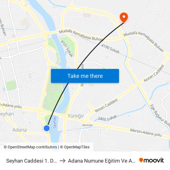 Seyhan Caddesi 1. Durak Taşköprü to Adana Numune Eğitim Ve Araştırma Hastanesi map