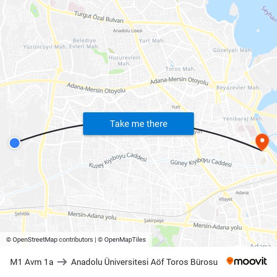 M1 Avm 1a to Anadolu Üniversitesi Aöf Toros Bürosu map