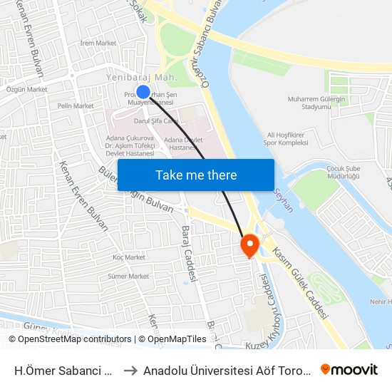 H.Ömer Sabanci Blv. 1b to Anadolu Üniversitesi Aöf Toros Bürosu map