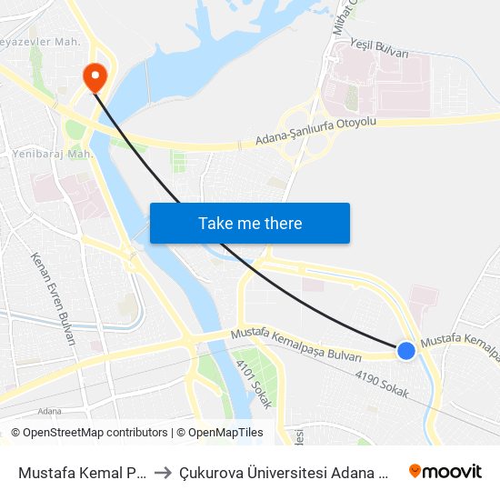 Mustafa Kemal Paşa Blv. 11b to Çukurova Üniversitesi Adana Meslek Yüksek Okulu map