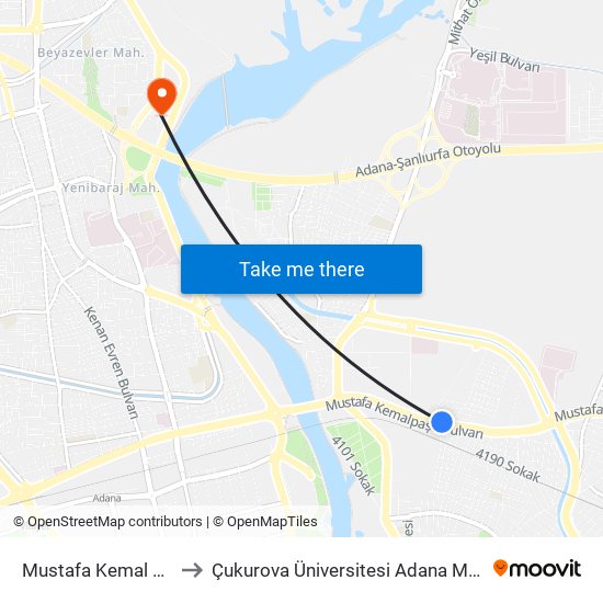 Mustafa Kemal Paşa Blv. 9b to Çukurova Üniversitesi Adana Meslek Yüksek Okulu map