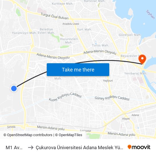 M1 Avm 2a to Çukurova Üniversitesi Adana Meslek Yüksek Okulu map