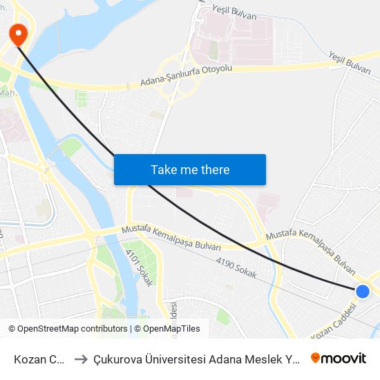 Kozan Cd. 8a to Çukurova Üniversitesi Adana Meslek Yüksek Okulu map