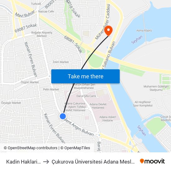 Kadin Haklari Duraği to Çukurova Üniversitesi Adana Meslek Yüksek Okulu map