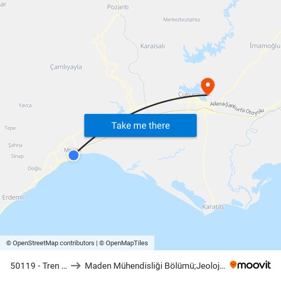 50119 - Tren İstasyonu to Maden Mühendisliği Bölümü;Jeoloji Mühendisliği Bölümü map