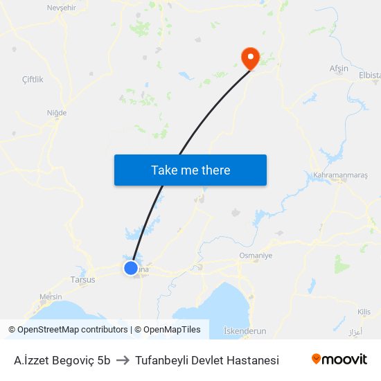 A.İzzet Begoviç 5b to Tufanbeyli Devlet Hastanesi map