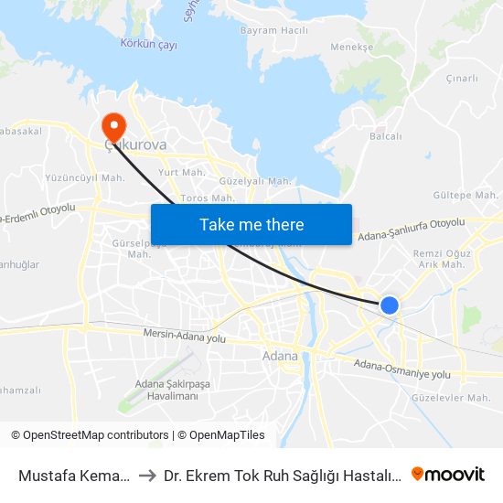 Mustafa Kemal Paşa 1 to Dr. Ekrem Tok Ruh Sağlığı Hastalıkları Hastanesi map