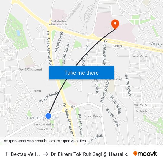 H.Bektaş Veli Blv. 1b to Dr. Ekrem Tok Ruh Sağlığı Hastalıkları Hastanesi map