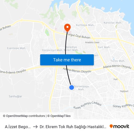 A.İzzet Begoviç 5b to Dr. Ekrem Tok Ruh Sağlığı Hastalıkları Hastanesi map