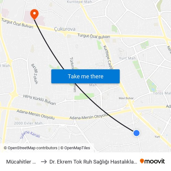 Mücahitler Cd. 1a to Dr. Ekrem Tok Ruh Sağlığı Hastalıkları Hastanesi map