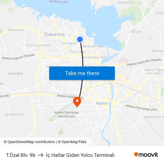 T.Özal Blv. 9b to İç Hatlar Giden Yolcu Terminali map