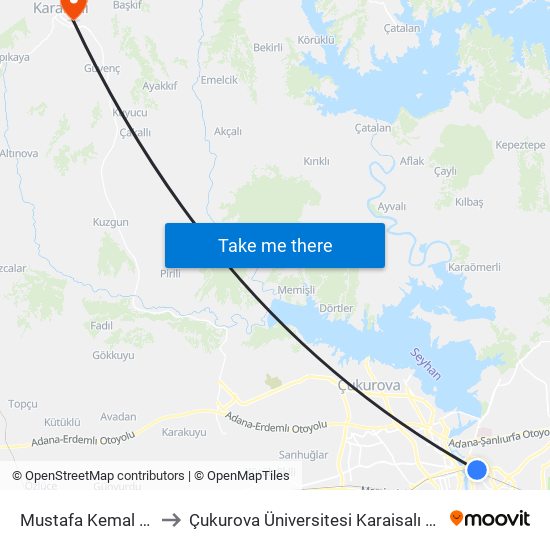 Mustafa Kemal Paşa Blv. 9b to Çukurova Üniversitesi Karaisalı Meslek Yüksek Okulu map