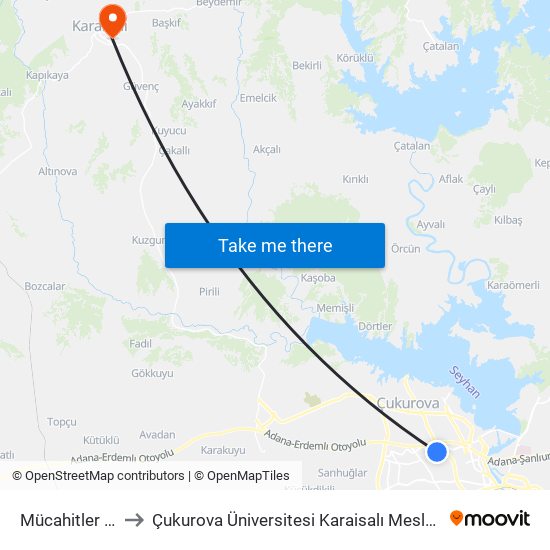 Mücahitler Cd. 1a to Çukurova Üniversitesi Karaisalı Meslek Yüksek Okulu map