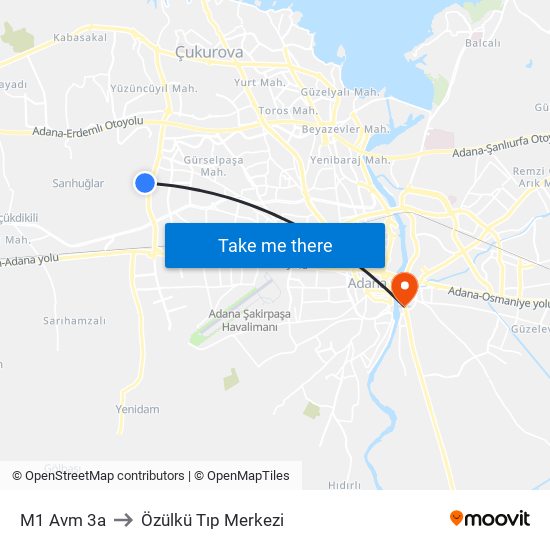 M1 Avm 3a to Özülkü Tıp Merkezi map