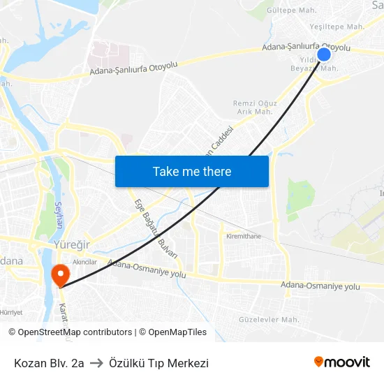 Kozan Blv. 2a to Özülkü Tıp Merkezi map