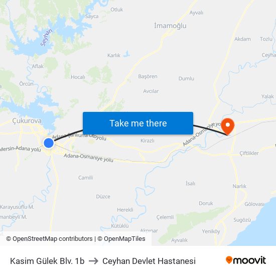 Kasim Gülek Blv. 1b to Ceyhan Devlet Hastanesi map
