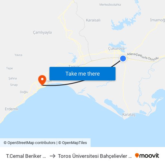 T.Cemal Beriker Blv. 1a to Toros Üniversitesi Bahçelievler Kampüsü map