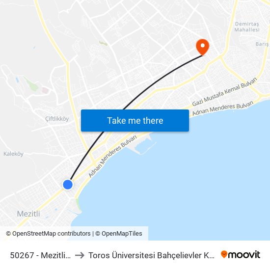 50267 - Mezitli Hali to Toros Üniversitesi Bahçelievler Kampüsü map