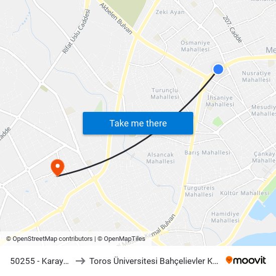 50255 - Karayolları to Toros Üniversitesi Bahçelievler Kampüsü map