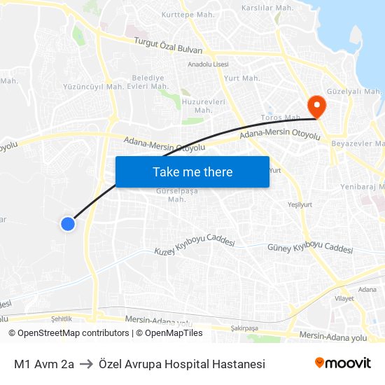 M1 Avm 2a to Özel Avrupa Hospital Hastanesi map