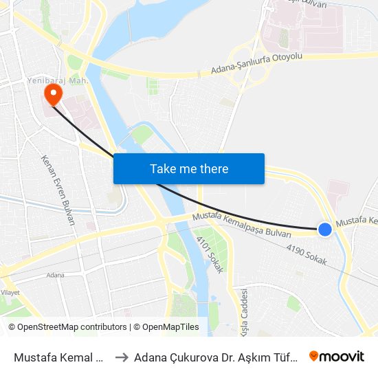 Mustafa Kemal Paşa Blv. 11b to Adana Çukurova Dr. Aşkım Tüfekçi Devlet Hastanesi map