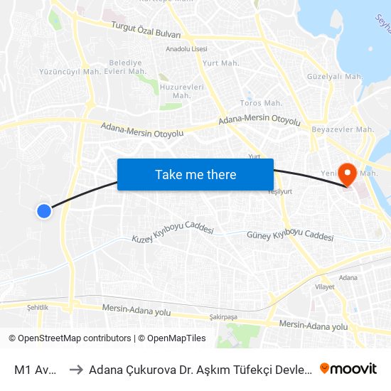 M1 Avm 2a to Adana Çukurova Dr. Aşkım Tüfekçi Devlet Hastanesi map